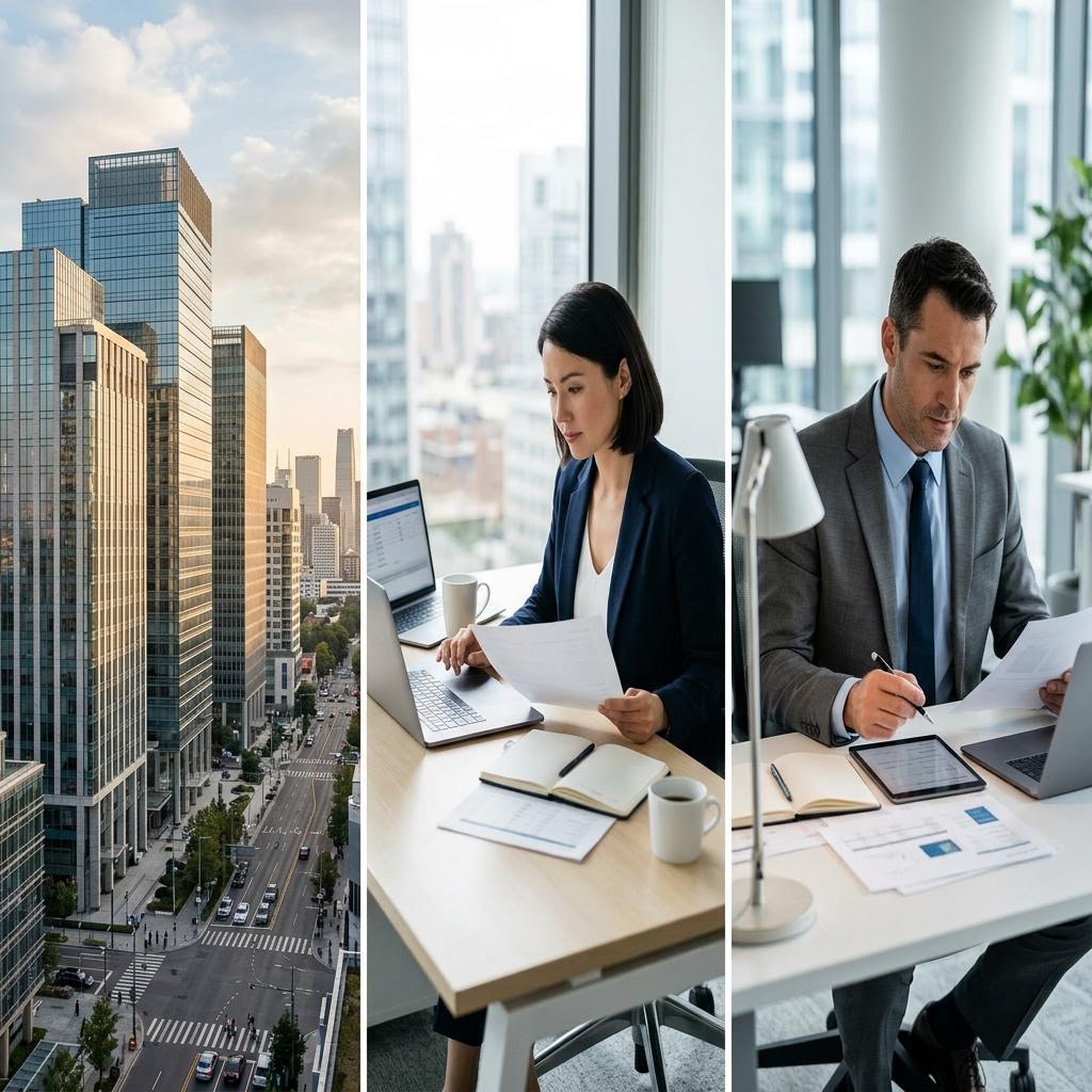 Illustrative photography: city office towers beside a street, a professional reviewing documents at a laptop, and another professional working at a desk. Generated images, not Institute members.